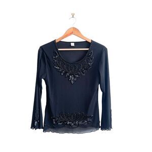 M&MA Sweater Beaded Sequined Black Top Blouse Women's S Long Sleeved